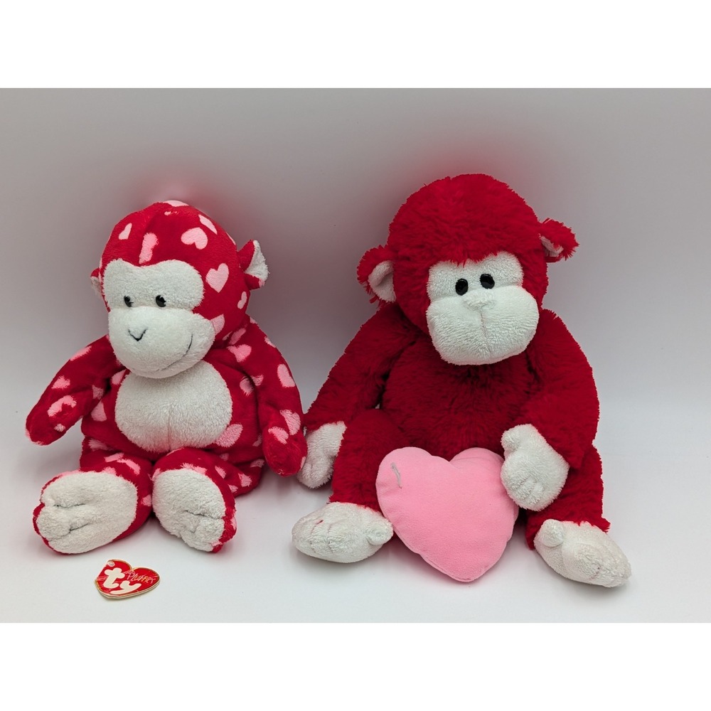 Ty Pluffies Harts Dynamite‎ Red White Monkey Plush Pink Valentine Hearts Lot
